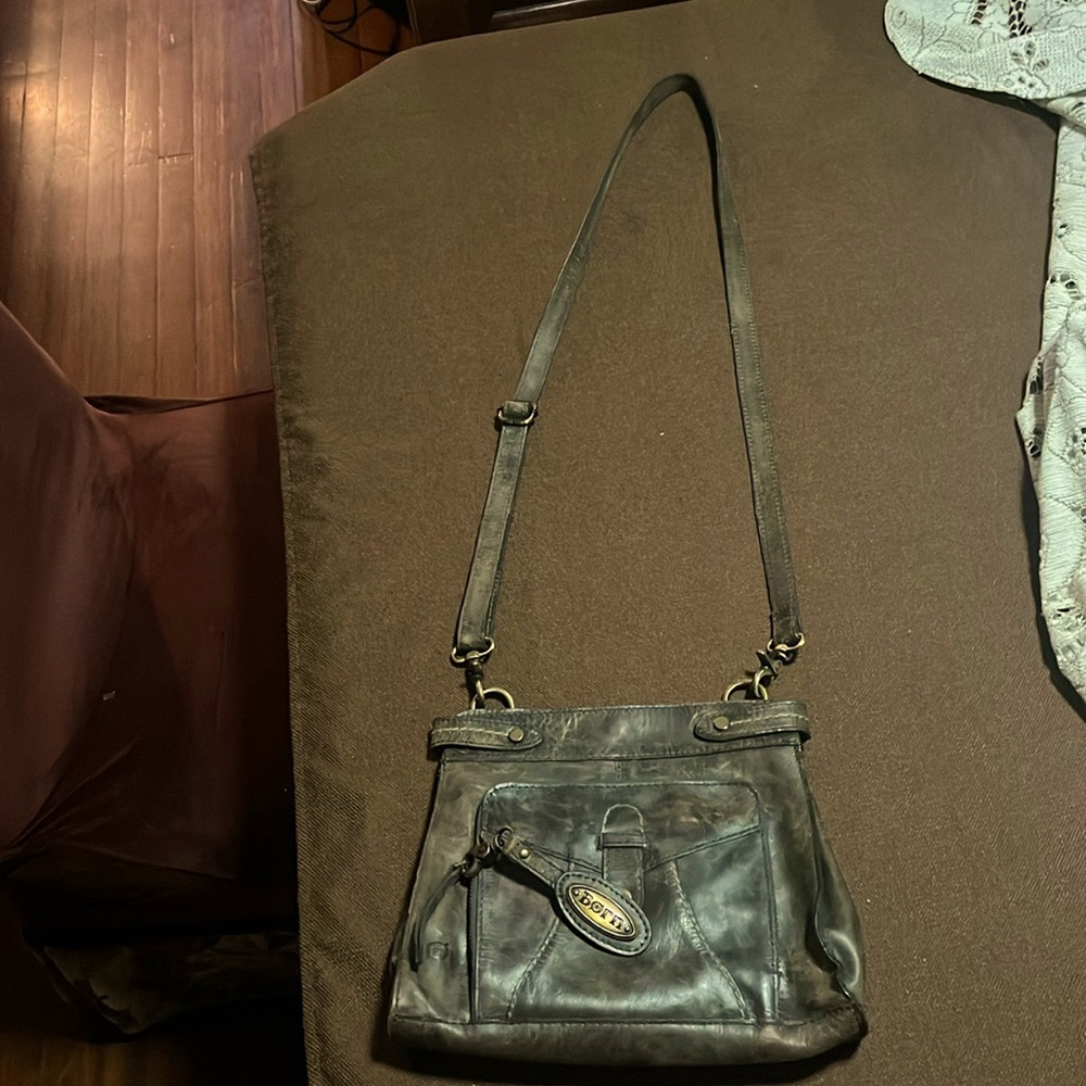 Gray distressed leather crossbody